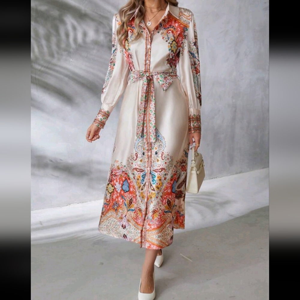 Boho Floral Paisley Print Long Sleeve Belt Button Down Shirt Dress